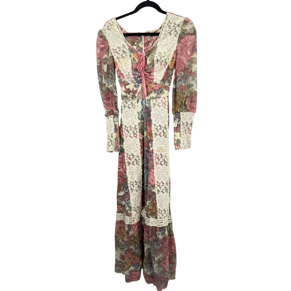 Vintage Vicky Vaughn Maxi Dress Women XS Floral Lace Prairie Cottage Boho 70s